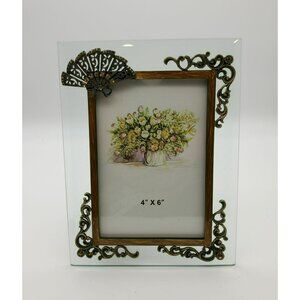 NWOT Glass Bronze Metal Fan Ornamental Scrolls Photo Frame w/Citrone Rhinestones